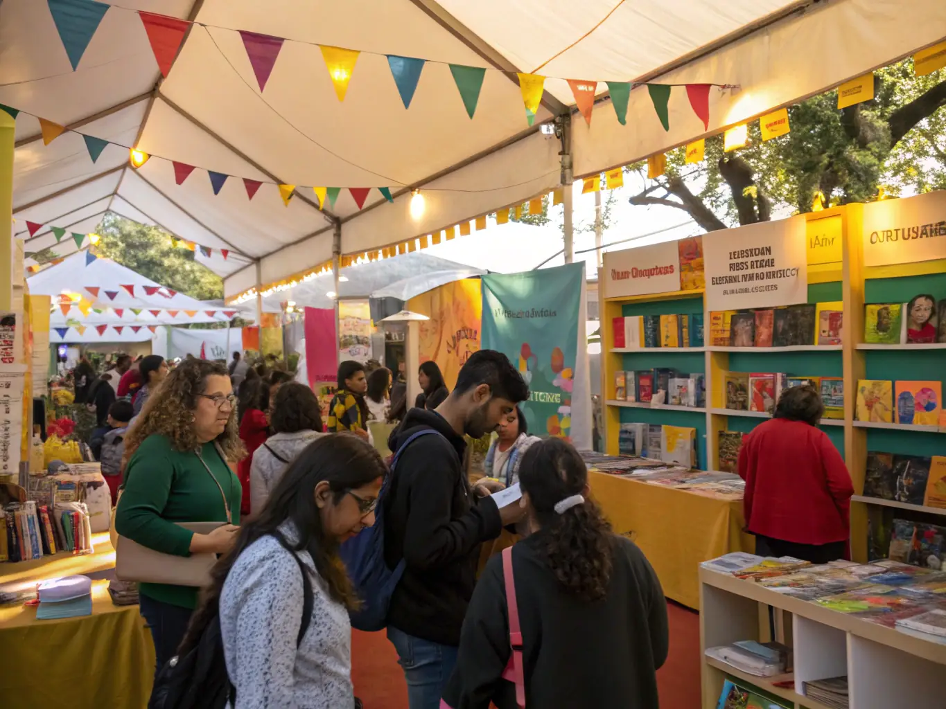 An image of a vibrant book exhibition with various displays and people browsing through the books, set in a well-lit community hall.
