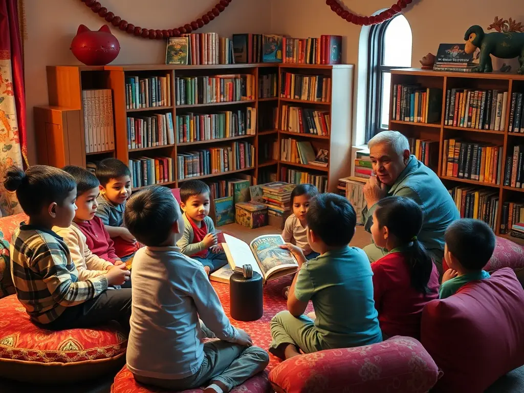 A photograph capturing a children's educational workshop, with kids actively participating in a storytelling session at the Municipal Library.