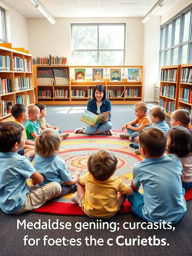 A vibrant photograph capturing children participating in a storytelling session at the Municipal Library, surrounded by colorful books and engaging props, reflecting the joy of reading.