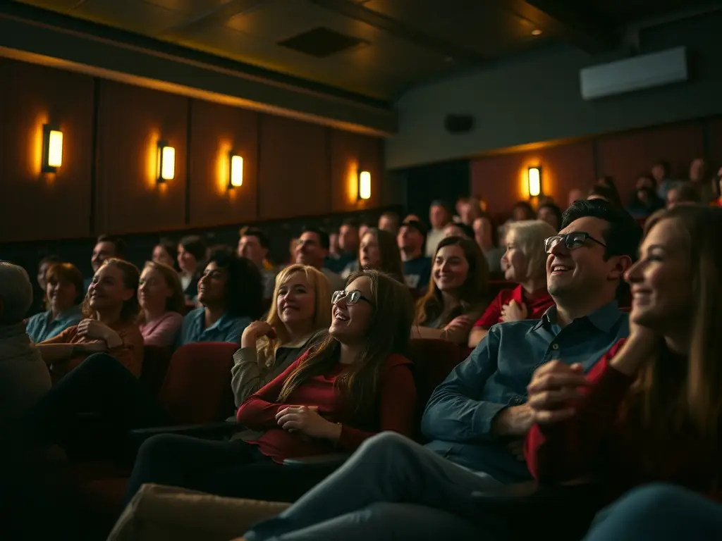 A still from a film screening event, showing an audience watching a classic literary adaptation in a cozy setting.