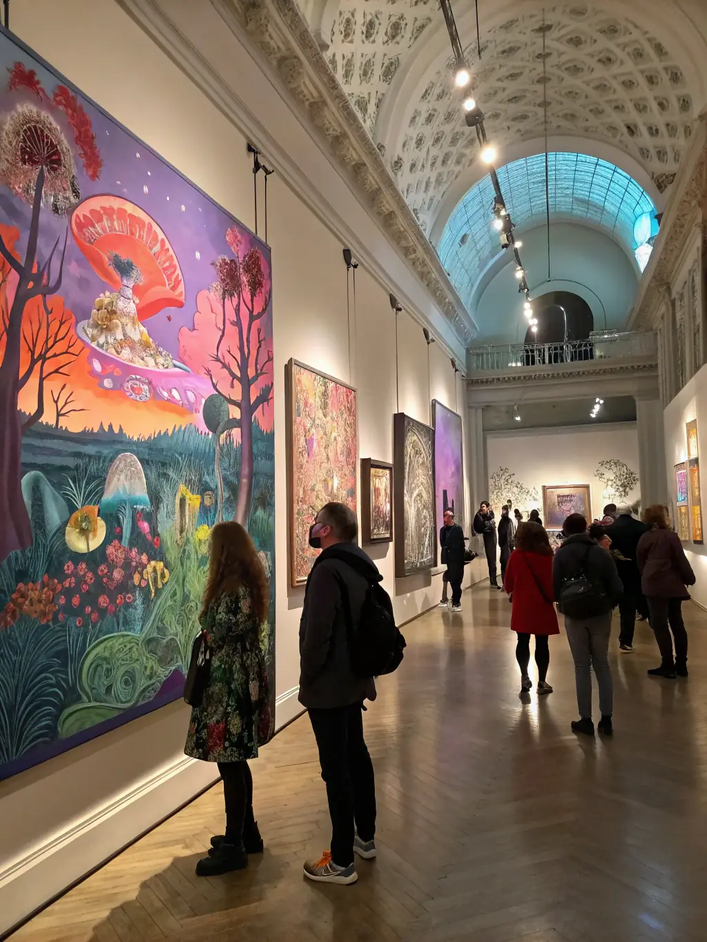 A captivating image of an art exhibition held at the library, showcasing local artists' interpretations of classic literary themes, with attendees admiring the artwork.