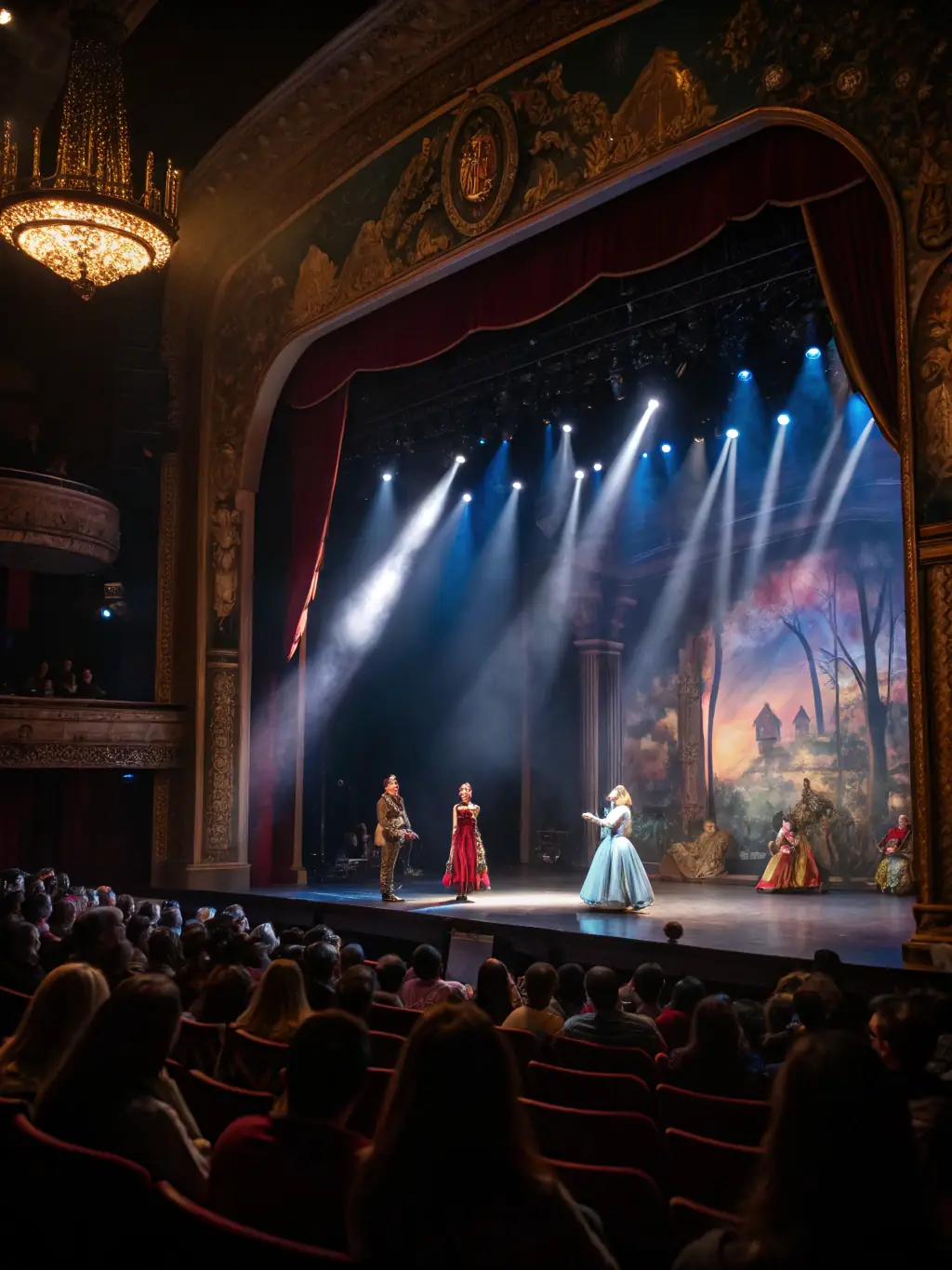 A dynamic photo of a theater performance taking place at the library, featuring actors in costume enacting a scene from a famous play, emphasizing the theatrical events.